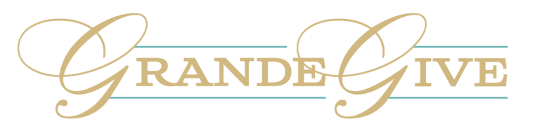 Grande Give Logo gold text with teal lines on a transparent background